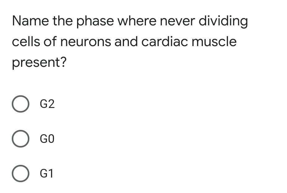 Name the phase where never dividing
cells of neurons and cardiac muscle
present?
G2
GO
G1
О
