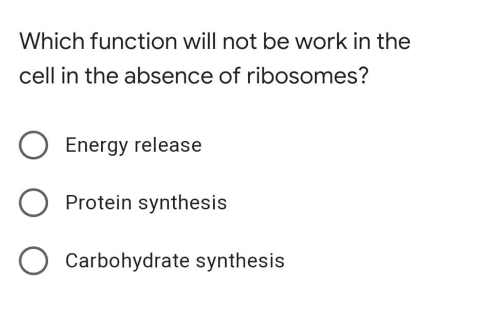 Which function will not be work in the
cell in the absence of ribosomes?
O Energy release
O Protein synthesis
Carbohydrate synthesis
ООО

