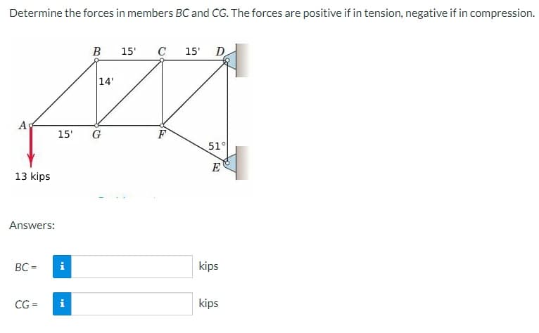 Determine the forces in members BC and CG. The forces are positive if in tension, negative if in compression.
A
13 kips
Answers:
BC =
i
B
15' G
CG= i
14'
15' C 15' D
F
51%
E
kips
kips