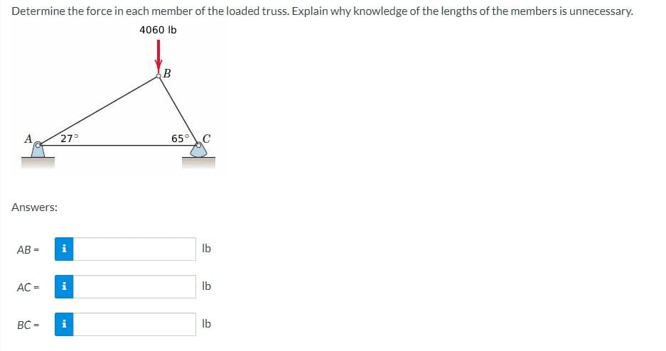 Determine the force in each member of the loaded truss. Explain why knowledge of the lengths of the members is unnecessary.
4060 lb
Answers:
AB=
AC =
BC =
27°
i
i
IN
B
65°
C
lb
lb
lb