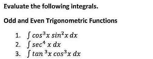 Evaluate the following integrals.
Odd and Even Trigonometric Functions
1.
cos³x sin² x dx
2.
secx dx
3. Stan ³x cos³x dx