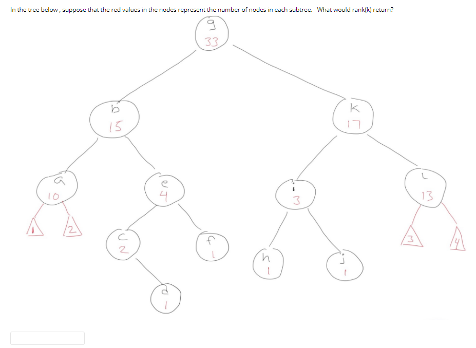 In the tree below, suppose that the red values in the nodes represent the number of nodes in each subtree. What would rank(k) return?
33
15
13
2
or
