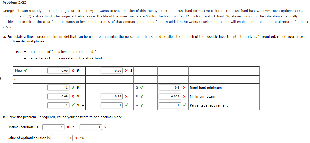 Problem 2-25
George Johnson recently inherited a large sum of money; he wants to use a portion of this money to set up a trust fund for his two children. The trust fund has two investment options: (1) a
bond fund and (2) a stock fund. The projected returns over the life of the investments are 6% for the bond fund and 10% for the stock fund. Whatever portion of the inheritance he finally
decides to commit to the trust fund, he wants to invest at least 30% of that amount in the bond fund. In addition, he wants to select a mix that will enable him to obtain a total return of at least
7.5%.
a. Formulate a linear programming model that can be used to determine the percentage that should be allocated to each of the possible investment alternatives. If required, round your answers
to three decimal places.
Let B = percentage of funds invested in the bond fund
S = percentage of funds invested in the stock fund
Маx у
0.09
х в+
0.20
X S
s.t.
V B
0.6
x Bond fund minimum
0.09
х в+
0.25 x S > V
0.085
X
Minimum return
1 V B
1 V s = v
Percentage requirement
b. Solve the problem. If required, round your answers to one decimal place.
Optimal solution: B =
1 x, S =
1 X
Value of optimal solution is
X %
