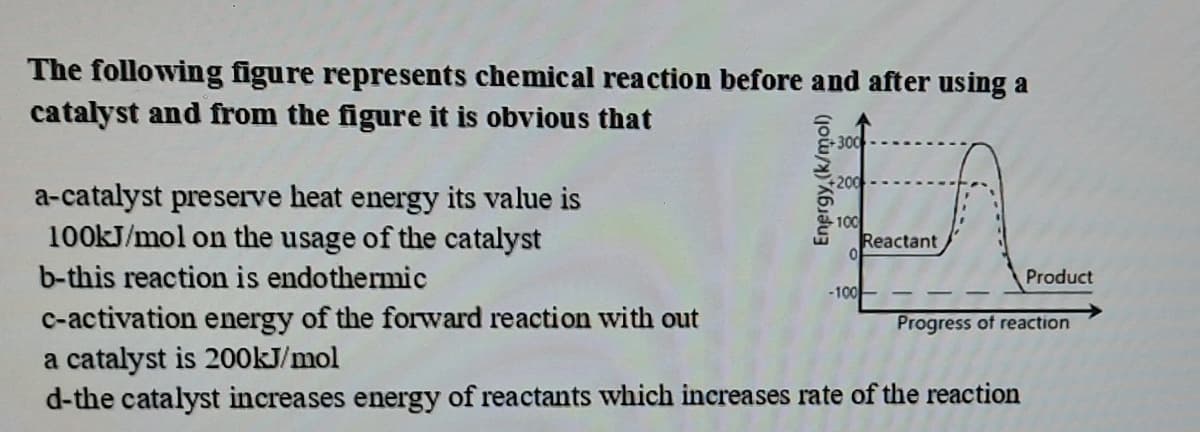The following figure represents chemical reaction before and after using a
catalyst and from the figure it is obvious that
300
a-catalyst preserve heat energy its value is
100KJ/mol on the usage of the catalyst
100
Reactant
b-this reaction is endothermic
Product
-100-
c-activation energy of the forward reaction with out
a catalyst is 200KJ/mol
d-the catalyst increases energy of reactants which increases rate of the reaction
Progress of reaction
Energy,(k/mol)
