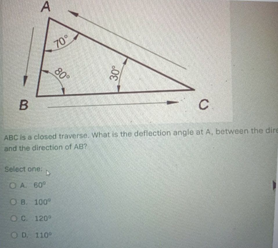 B
A
70°
Select one: ▷
OA. 60°
OB. 100°
OC. 120°
OD. 110°
.08
30°
с
ABC is a closed traverse. What is the deflection angle at A, between the dire
and the direction of AB?