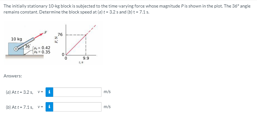 The initially stationary 10-kg block is subjected to the time-varying force whose magnitude Pis shown in the plot. The 36° angle
remains constant. Determine the block speed at (a) t = 3.2 s and (b) t = 7.1 s.
76
10 kg
36
SH=0.42
M = 0.35
9.9
Answers:
(a) Att = 3.2 s, v=
i
m/s
(b) At t = 7.1 s, v=
i
m/s
N
