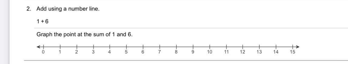 2.
Add using a number line.
1+6
Graph the point at the sum of 1 and 6.
+>
15
0
1
5
6
8
9
10
11
12
13
14

