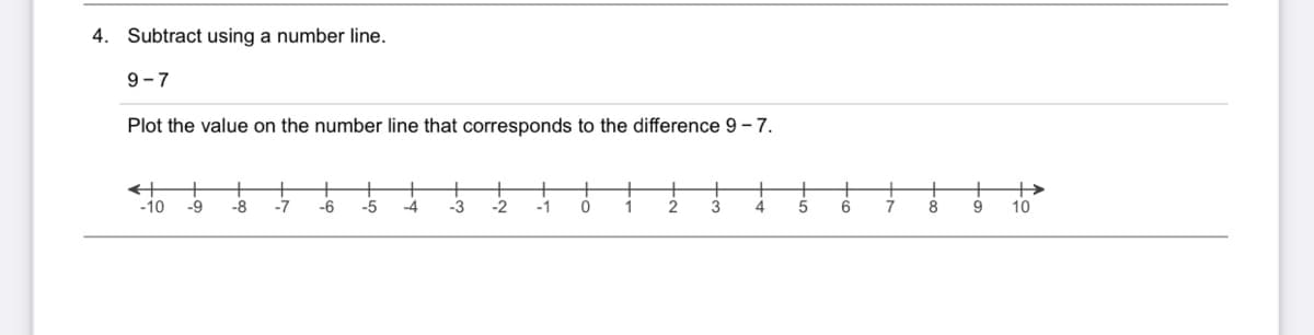 4. Subtract using a number line.
9-7
Plot the value on the number line that corresponds to the difference 9 - 7.
+>
10
-10
-9
-8
-7
-6
-5
-3
-2
-1
1.
4
8
9.
