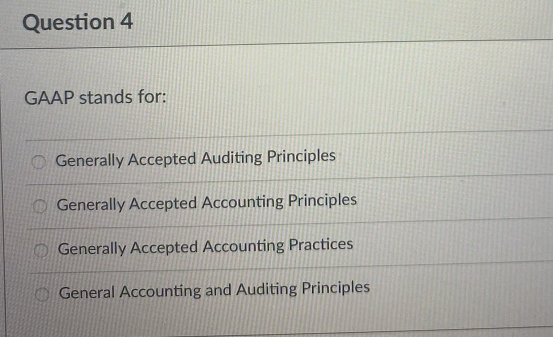 Question 4
GAAP stands for:
Generally Accepted Auditing Principles
Generally Accepted Accounting Principles
Generally Accepted Accounting Practices
General Accounting and Auditing Principles