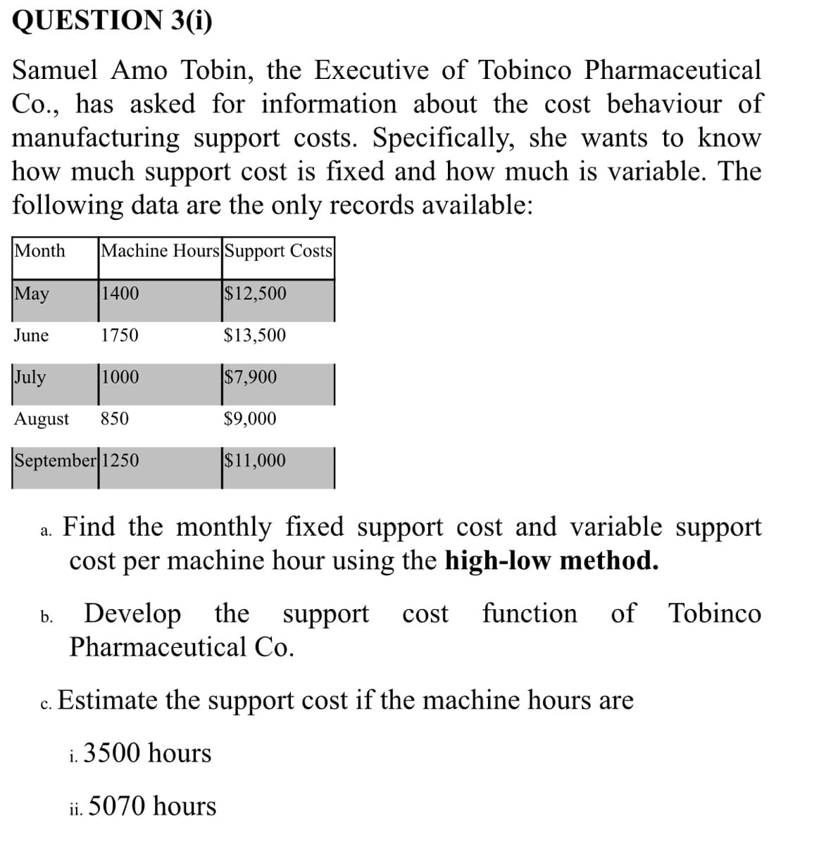 QUESTION 3(i)
Samuel Amo Tobin, the Executive of Tobinco Pharmaceutical
Co., has asked for information about the cost behaviour of
manufacturing support costs. Specifically, she wants to know
how much support cost is fixed and how much is variable. The
following data are the only records available:
Month
Machine Hours Support Costs
Мay
1400
$12,500
June
1750
$13,500
July
1000
$7,900
August
850
$9,000
September 1250
$11,000
Find the monthly fixed support cost and variable support
cost per machine hour using the high-low method.
Develop the support
cost
function
of Tobinco
Pharmaceutical Co.
Estimate the support cost if the machine hours are
с.
i. 3500 hours
ii. 5070 hours
