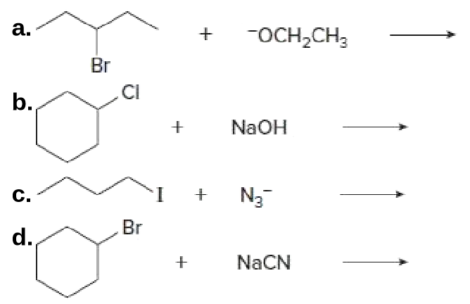 a.
-OCH,CH3
Br
.CI
b.
NaOH
C.
N3
Br
d.
NaCN
