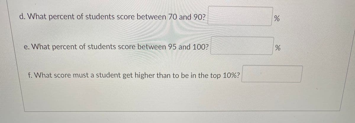 d. What percent of students score between 70 and 90?
e. What percent of students score between 95 and 100?
f. What score must a student get higher than to be in the top 10%?
