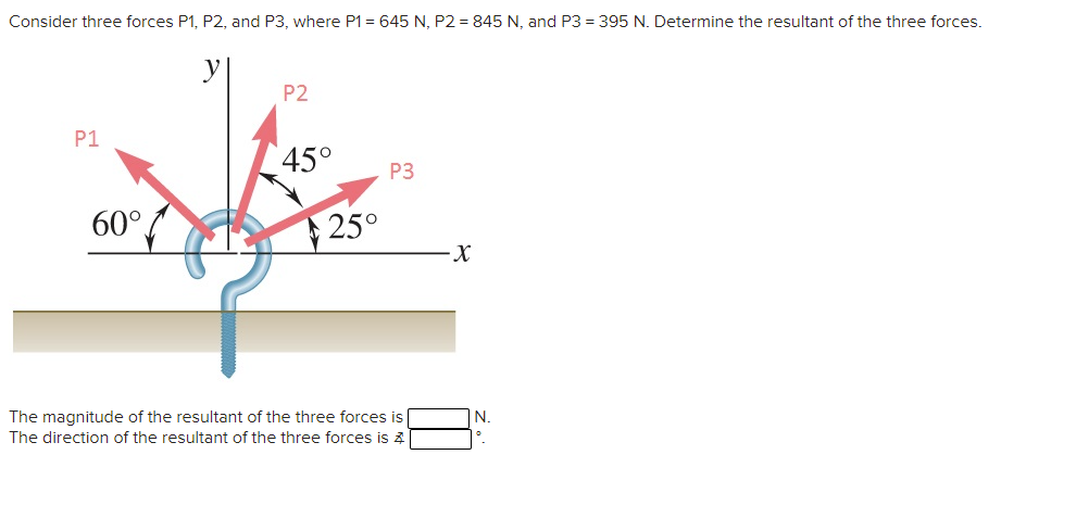 Consider three forces P1, P2, and P3, where P1 = 645 N, P2 = 845 N, and P3 = 395 N. Determine the resultant of the three forces.
y
P2
P1
45°
P3
60°
25°
The magnitude of the resultant of the three forces is
The direction of the resultant of the three forces is |
N.
