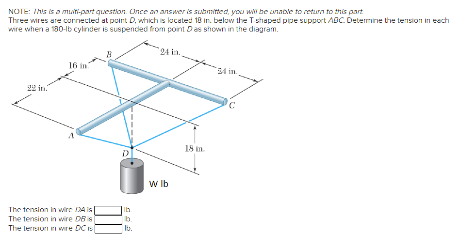 NOTE: This is a multi-part question. Once an answer is submitted, you will be unable to return to this part.
Three wires are connected at point D, which is located 18 in. below the T-shaped pipe support ABC. Determine the tension in each
wire when a 180-lb cylinder is suspended from point Das shown in the diagram.
24 in.
В
16 in.
24 in.
22 in.
A
18 in.
D
W Ib
The tension in wire DA is
Ib.
The tension in wire DB is
Ib.
The tension in wire DC is
Ib.
