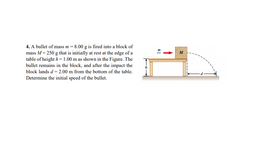 4. A bullet of mass m = 8.00 g is fired into a block of
mass M = 250 g that is initially at rest at the edge of a
table of height h = 1.00 m as shown in the Figure. The
bullet remains in the block, and after the impact the
M
block lands d = 2.00 m from the bottom of the table.
Determine the initial speed of the bullet.
