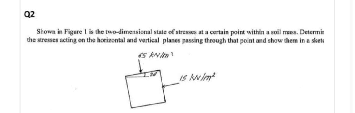 Q2
Shown in Figure 1 is the two-dimensional state of stresses at a certain point within a soil mass. Determir
the stresses acting on the horizontal and vertical planes passing through that point and show them in a skete
65 kNIm
