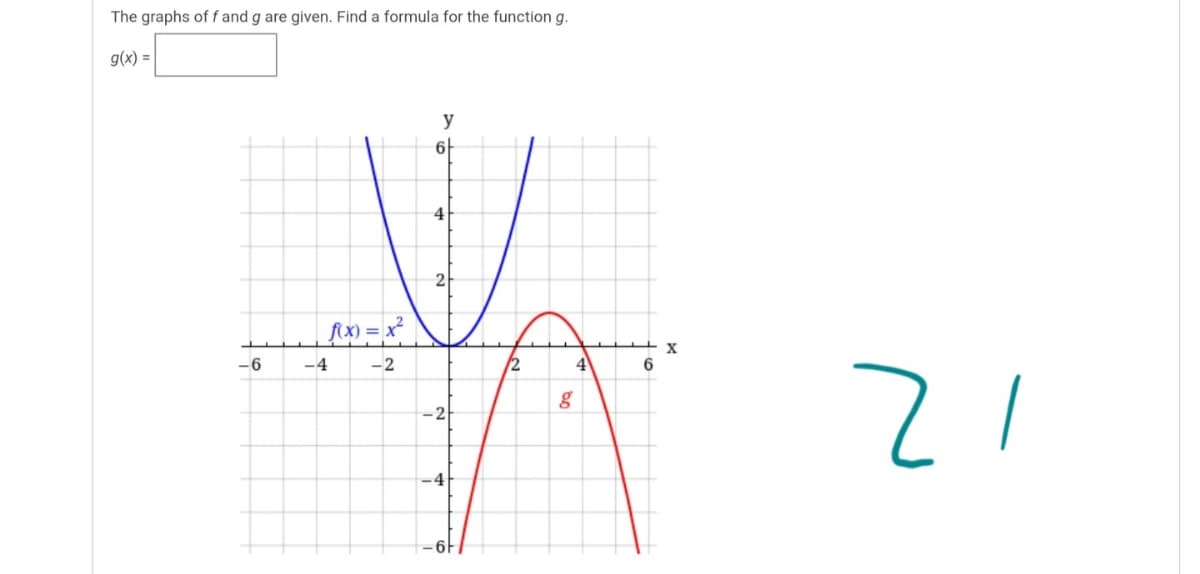The graphs of f and g are given. Find a formula for the function g.
g(x) =
y
6-
4
-6
-4
-2
-2
-4
–6|
