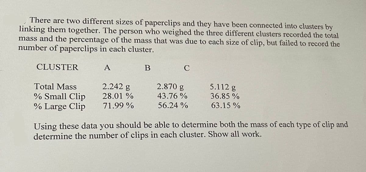 There are two different sizes of paperclips and they have been connected into clusters by
linking them together. The person who weighed the three different clusters recorded the total
mass and the percentage of the mass that was due to each size of clip, but failed to record the
number of paperclips in each cluster.
CLUSTER
Total Mass
% Small Clip
% Large Clip
A
2.242 g
28.01 %
71.99 %
B
C
2.870 g
43.76 %
56.24 %
5.112 g
36.85 %
63.15 %
Using these data you should be able to determine both the mass of each type of clip and
determine the number of clips in each cluster. Show all work.