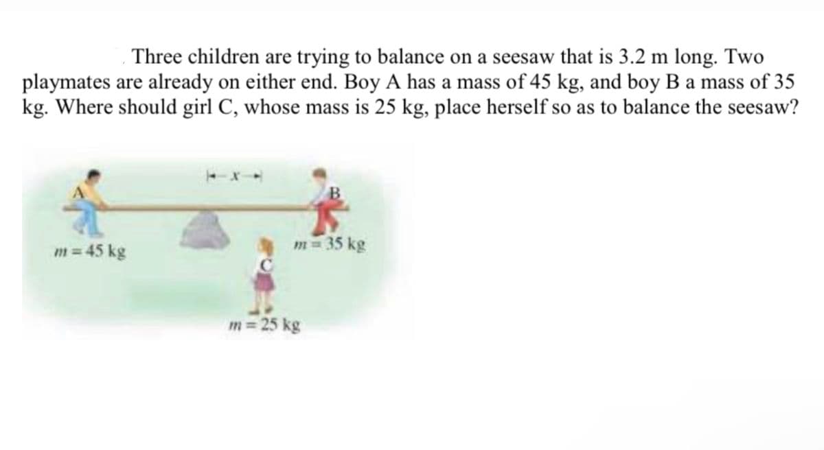 Three children are trying to balance on a seesaw that is 3.2 m long. Two
playmates are already on either end. Boy A has a mass of 45 kg, and boy B a mass of 35
kg. Where should girl C, whose mass is 25 kg, place herself so as to balance the seesaw?
m = 45 kg
m = 35 kg
m = 25 kg