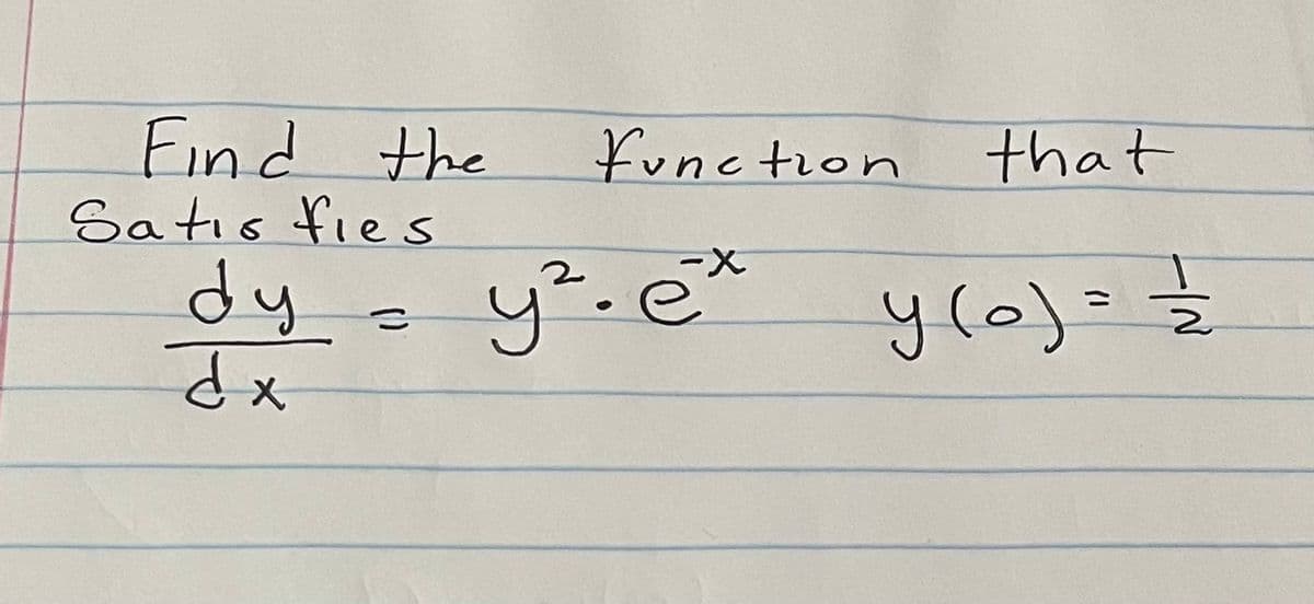 Find the
Satis fies
function that
dy- y?.e*
dx
y(o)=
