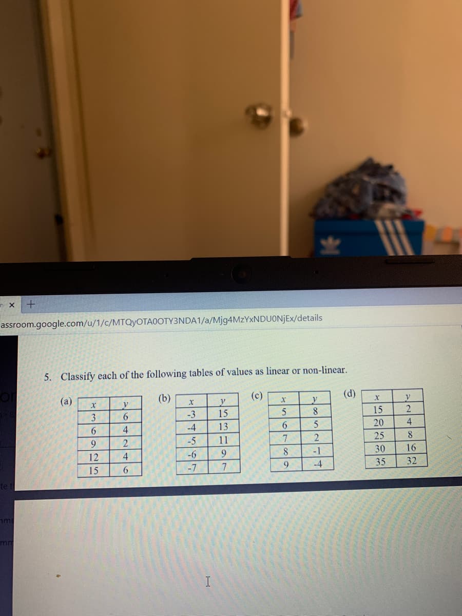 assroom.google.com/u/1/c/MTQYOTAOOTY3NDA1/a/M]94MZYXNDUONJEX/details
5. Classify each of the following tables of values as linear or non-linear.
(а)
(b)
(c)
(d)
y
3
-3
15
8.
15
6.
4
-4
13
6.
5
20
4
9.
2
-5
11
7.
25
12
4
-6
9.
8
-1
30
16
15
6.
-7
7
-4
35
32
mm
