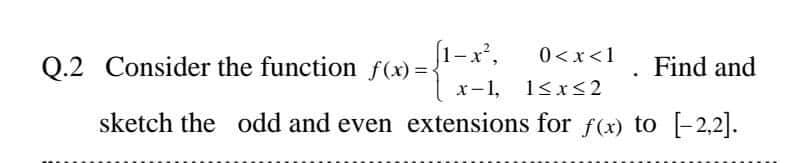 J1-x',
x-1, 1<x< 2
0<x<1
Q.2 Consider the function f(x) =-
Find and
sketch the odd and even extensions for f(x) to [-2,2].
