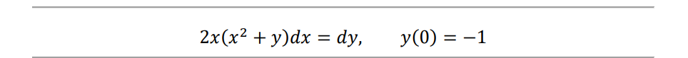 2x(x² + y)dx = dy,
y(0) = -1
