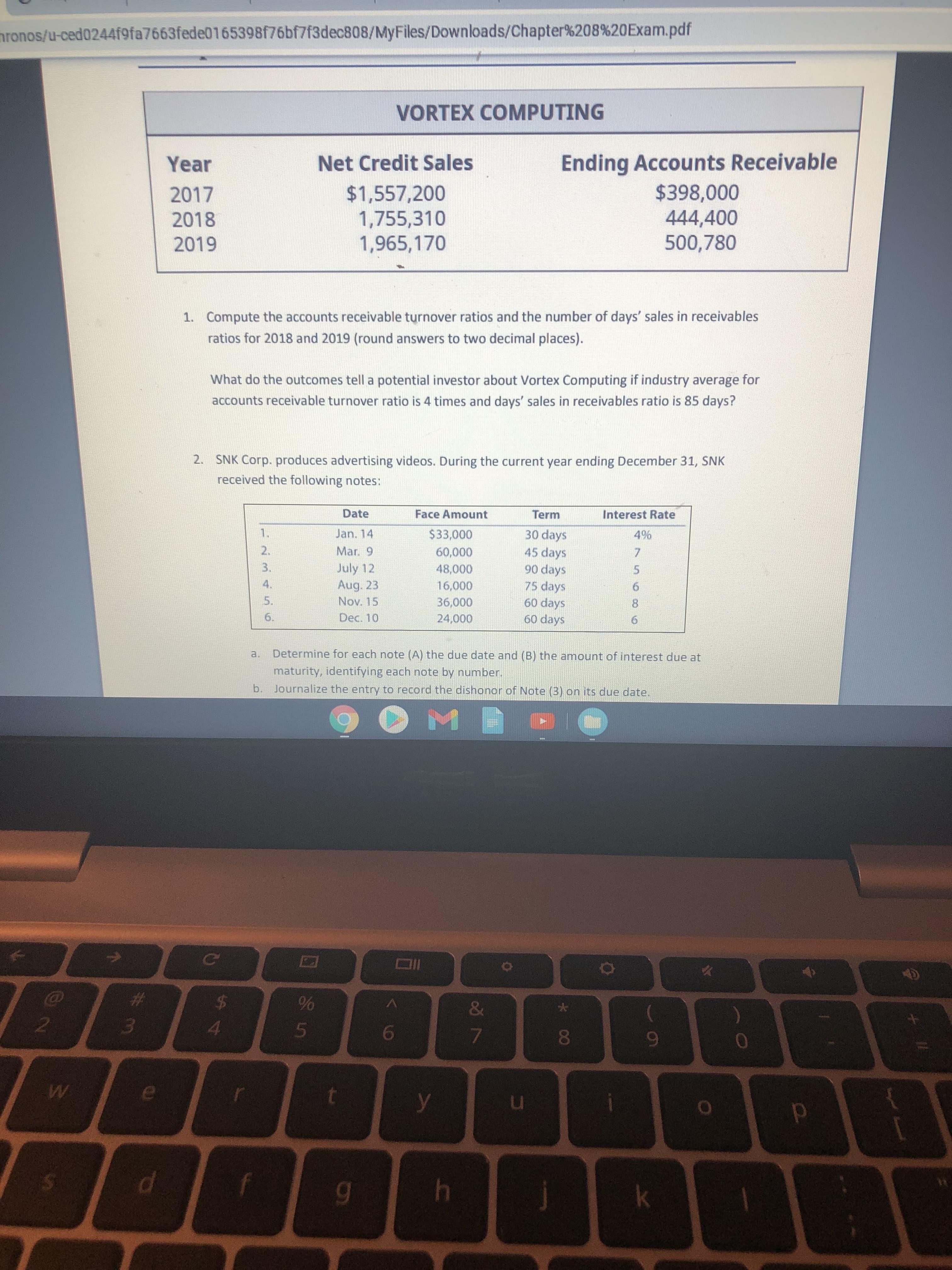 1. Compute the accounts receivable turnover ratios and the number of days' sales in receivables
ratios for 2018 and 2019 (round answers to two decimal places).
What do the outcomes tell a potential investor about Vortex Computing if industry average for
accounts receivable turnover ratio is 4 times and days' sales in receivables ratio is 85 days?
