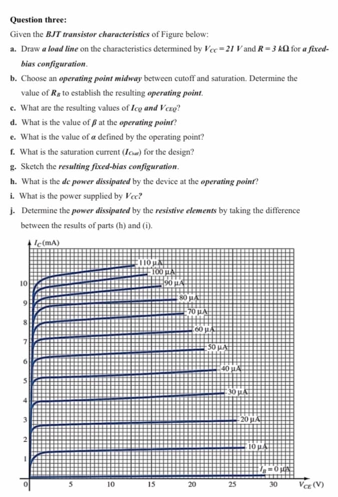 Question three:
Given the BJT transistor characteristics of Figure below:
a. Draw
load line on the characteristics determined by Vcc=21 V and R= 3 kQ for a fixed-
bias configuration.
b. Choose an operating point midway between cutoff and saturation. Determine the
value of Rp to establish the resulting operating point.
c. What are the resulting values of Ico and Vceq?
d. What is the value of ß at the operating point?
e. What is the value of a defined by the operating point?
f. What is the saturation current (Icsar) for the design?
g. Sketch the resulting fixed-bias configuration.
h. What is the dc power dissipated by the device at the operating point?
i. What is the power supplied by Vcc?
j. Determine the power dissipated by the resistive elements by taking the difference
between the results of parts (h) and (i).
1 Ic(mA)
110HA
100 µA
10
9
40 µÃ
5
30 HA
4
20 μΑ
10 HA
10
15
20
25
30
VCE (V)
