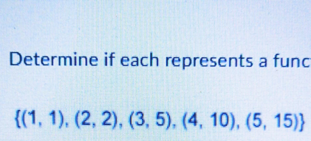 Determine if each represents a func
{(1, 1), (2, 2), (3, 5), (4, 10), (5, 15)}
