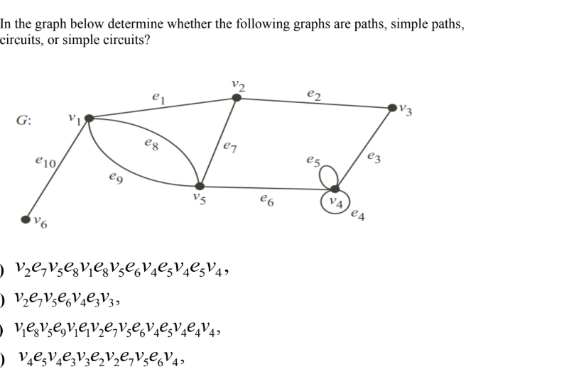 In the graph below determine whether the following graphs are paths, simple paths,
circuits, or simple circuits?
V2
e2
V3
ez
e7
G:
es
V4
e10
e6
e9
eA
V5
