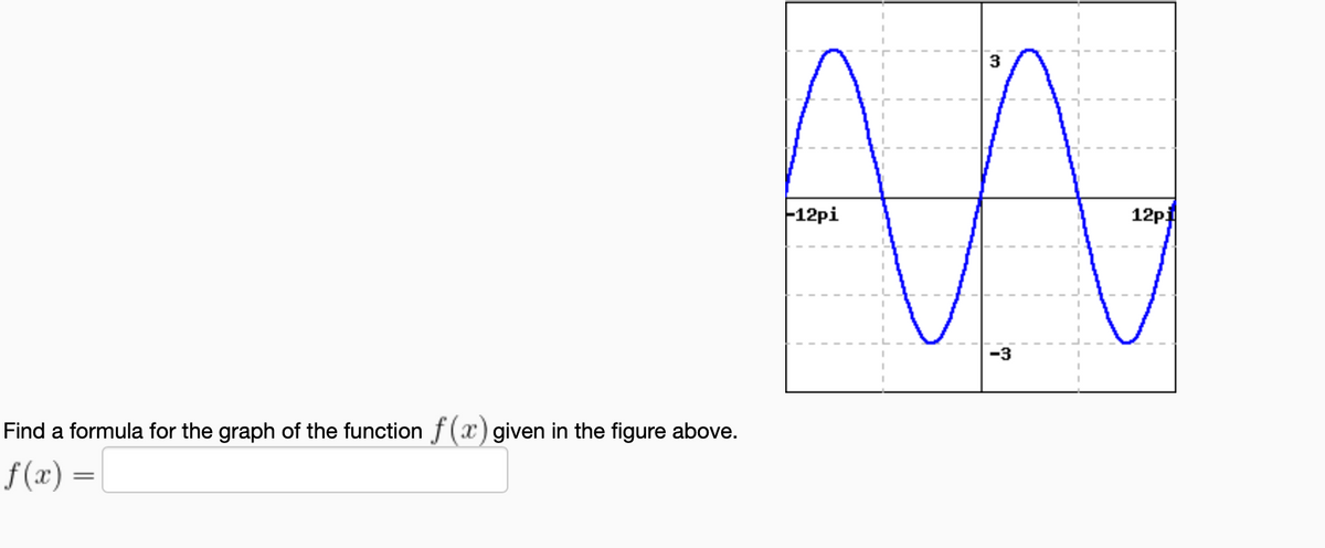 3
12pi
12p
-3
Find a formula for the graph of the function f (x) given in the figure above.
f (x) =
||
