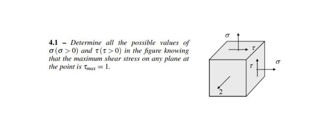 4.1 - Determine all the possible values of
o (o > 0) and t(t>0) in the figure knowing
that the maximum shear stress on any plane at
the point is Tmax = 1.
