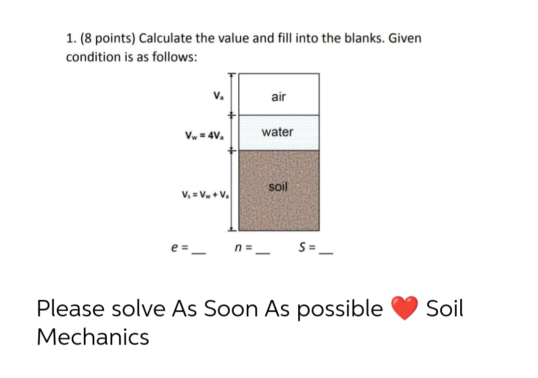 1. (8 points) Calculate the value and fill into the blanks. Given
condition is as follows:
Va
air
Vw = 4Va
water
soil
V, = Vw + V.
e =
n =
S =-
Please solve As Soon As possible
Soil
Mechanics
