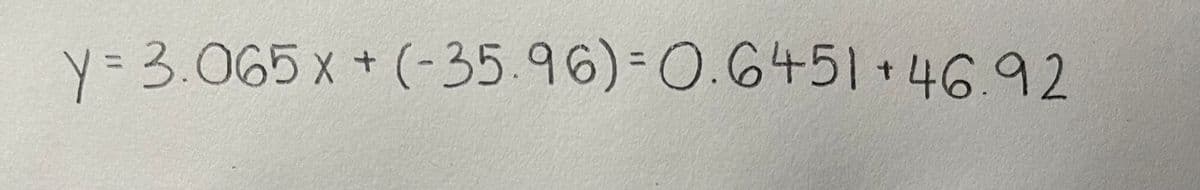 y = 3.065 x + (-35.96)=0.6451 46.92
+