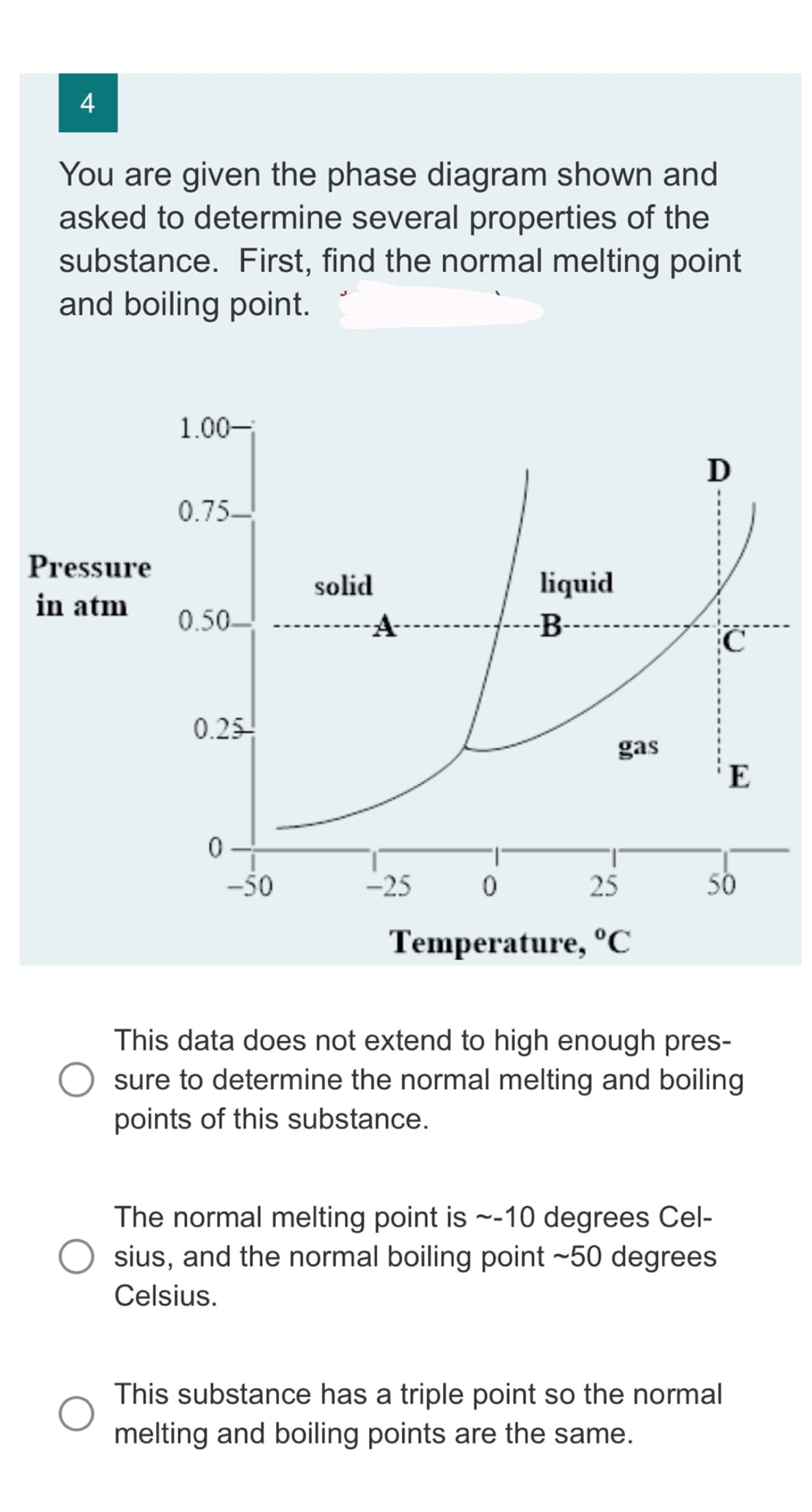 4
You are given the phase diagram shown and
asked to determine several properties of the
substance. First, find the normal melting point
and boiling point.
Pressure
in atm
1.00-
0.75-
0.50-
0.25-
0
-50
solid
-25
liquid
-B-
gas
0
25
Temperature, °C
D
50
E
This data does not extend to high enough pres-
sure to determine the normal melting and boiling
points of this substance.
The normal melting point is ~-10 degrees Cel-
sius, and the normal boiling point -50 degrees
Celsius.
This substance has a triple point so the normal
melting and boiling points are the same.