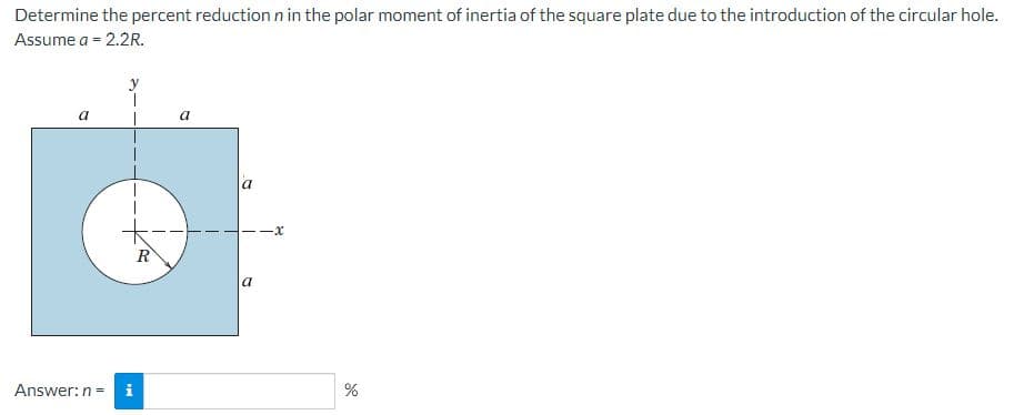 Determine the percent reduction n in the polar moment of inertia of the square plate due to the introduction of the circular hole.
Assume a = 2.2R.
a
a
a
-x-
R
Answer: n = i
