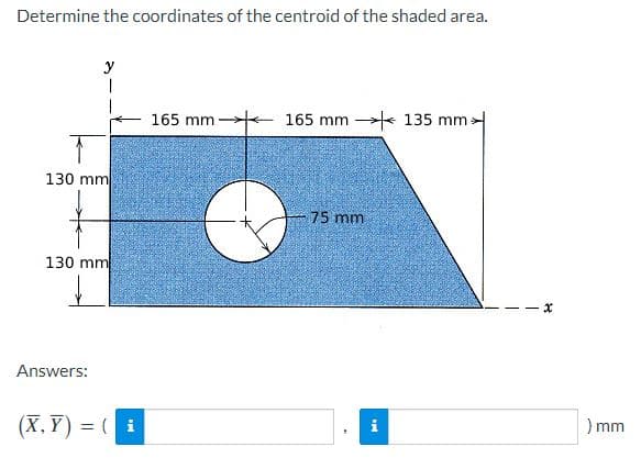 Determine the coordinates of the centroid of the shaded area.
y
165 mm
165 mm 135 mm:
130 mm
75 mm
130 mm
Answers:
(X, Y) = ( i
) mm
i
