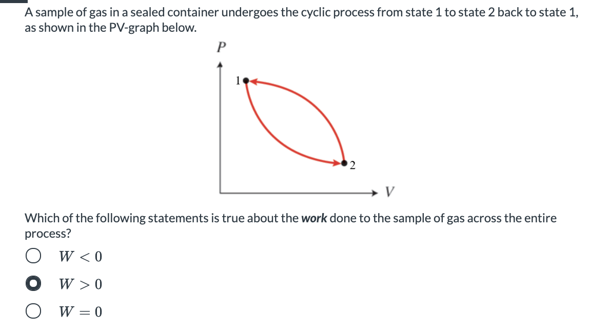 A sample of gas in a sealed container undergoes the cyclic process from state 1 to state 2 back to state 1,
as shown in the PV-graph below.
P
1
2
Which of the following statements is true about the work done to the sample of gas across the entire
process?
O W < 0
O w > 0
O W = 0
