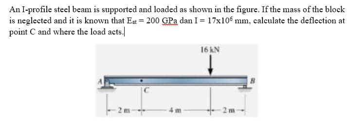 An I-profile steel beam is supported and loaded as shown in the figure. If the mass of the block
is neglected and it is known that Eat = 200 GPa dan I = 17x106 mm, calculate the deflection at
point C and where the load acts.
16 kN
2m
4 m
