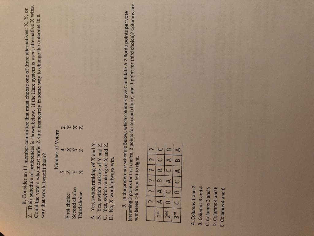 8. Consider an 11-member committee that must choose one of three alternatives: X, Y, or
Z. Their schedule of preferences is shown below. If the Hare system is used, alternative X wins.
Could the voters who most prefer Z vote insincerely in some way to change the outcome in a
way that would benefit them?
Number of Voters
4.
First choice
Second choice
Third choice
X
A. Yes, switch ranking of X and Y.
B. Yes, switch ranking of Y and Z.
C. Yes, switch ranking of X and Z.
D. No, X would always win.
9. In the preference schedule below, which columns give Candidate A 2 Borda points per vote
(assuming 3 points for first choice, 2 points for second choice, and 1 point for third choice)? Columns are
numbered 1-6 from left to right.
B.
B.
C.
A.
C.
B.
A.
A.
B.
CA B
C.
C.
8 pu7
A
C.
A. Columns 1 and 2
B. Columns 3 and 4
C. Columns 3 and 5
D. Columns 4 and 6
E. Columns 4 and 6
