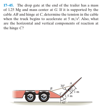 17-45. The drop gate at the end of the trailer has a mass
of 1.25 Mg and mass center at G. If it is supported by the
cable AB and hinge at C, determine the tension in the cable
when the truck begins to accelerate at 5 m/s?. Also, what
are the horizontal and vertical components of reaction at
the hinge C?
30
1.5 m
45°
