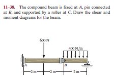 11-38. The compound beam is fixed at A, pin connected
at B, and supported by a roller at C. Draw the shear and
moment diagrams for the beam.
600N
400 N/m
-2m
