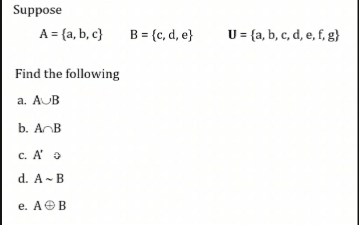 Suppose
A = {a, b, c}
B = {c, d, e}
U = {a, b, c, d, e, f, g}
Find the following
a. AUB
b. AnB
c. A' 3
d. A - B
е. АОВ
