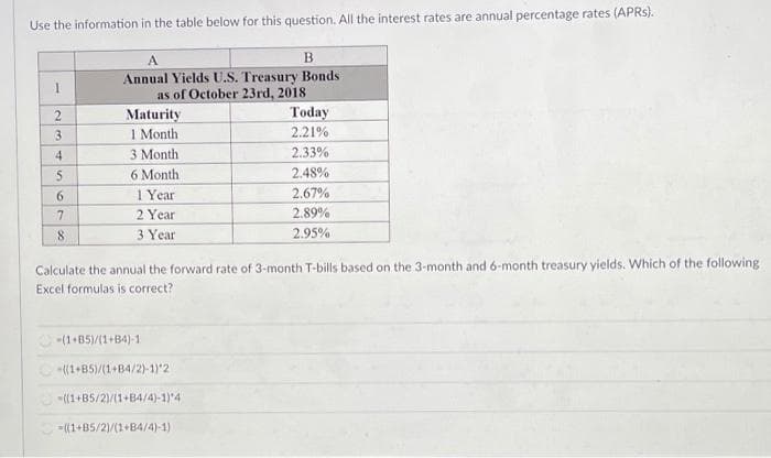 Use the information in the table below for this question. All the interest rates are annual percentage rates (APRS).
в
Annual Yields U.S. Treasury Bonds
as of October 23rd, 2018
A.
Maturity
I Month
3 Month
Today
2.21%
4
2.33%
6 Month
2.48%
1 Year
2 Year
6.
2.67%
2.89%
8.
3 Year
2.95%
Calculate the annual the forward rate of 3-month T-bills based on the 3-month and 6-month treasury yields. Which of the following
Excel formulas is correct?
(1+85)/(1+B4)-1
((1+85)/(1+B4/2)-1) 2
((1+B5/2)/(1+B4/4)-1)4
=((1+85/2)/(1+B4/4)-1)
