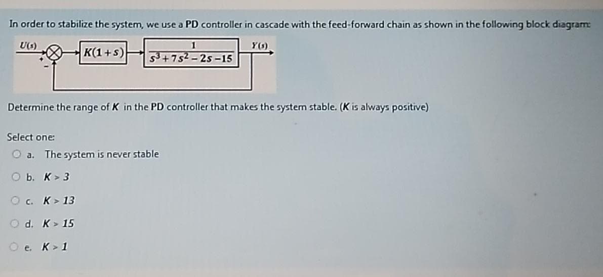 In order to stabilize the system, we use a PD controller in cascade with the feed-forward chain as shown in the following block diagram:
U(s)
1
Y(1)
K(1 +s)
5+752-25-15
Determine the range of K in the PD controller that makes the system stable. (K is always positive)
Select one:
a. The system is never stable
O b. K> 3
O c. K> 13
O d. K> 15
O e. K> 1
