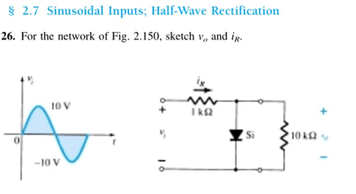 § 2.7 Sinusoidal Inputs; Half-Wave Rectification
26. For the network of Fig. 2.150, sketch v, and iR.
0
10 V
-10 V
16
1 ks2
Si
10kQ2%