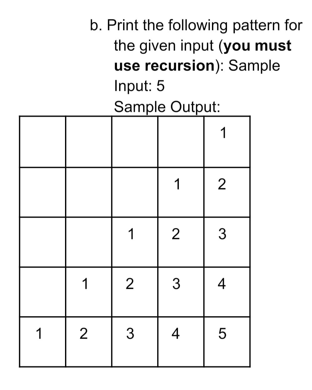 b. Print the following pattern for
the given input (you must
use recursion): Sample
Input: 5
Sample Output:
1
1
2
1
2
3
1
4
1
3
4
LO
