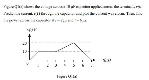 Figure Q1(a) shows the voltage across a 10 µF capacitor applied across the terminals, v(t).
Predict the current, i(t) through the capacitor and plot the current waveform. Then, find
the power across the capacitor at t = 2 us and t = 6 us.
v(t) V
20
10
t(us)
2
3
4
5
6
7
Figure Q1(a)
