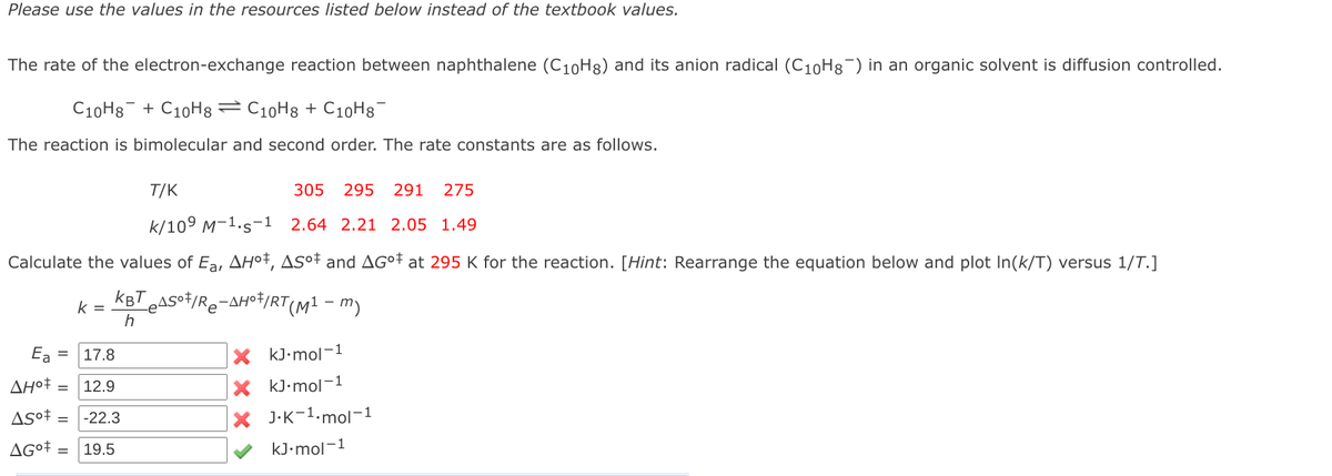 Please use the values in the resources listed below instead of the textbook values.
The rate of the electron-exchange reaction between naphthalene (C10H8) and its anion radical (C10H8¯) in an organic solvent is diffusion controlled.
C10H8 + C10H8=C10H8 + C10H8-
The reaction is bimolecular and second order. The rate constants are as follows.
T/K
305
295
291
275
k/109 M-1.s-1 2.64 2.21 2.05 1.49
Calculate the values of Ea, AH°†, AS°† and AG°† at 295 K for the reaction. [Hint: Rearrange the equation below and plot In(k/T) versus 1/T.]
kBT ASot/Re-AH°ł/RT(M1 – m)
k =
h
Ea =
17.8
X kJ•mol-1
AH°# =
12.9
X kJ•mol-1
ASot = |-22.3
X J-K-1.mol-1
AG°# =
19.5
kJ•mol-1

